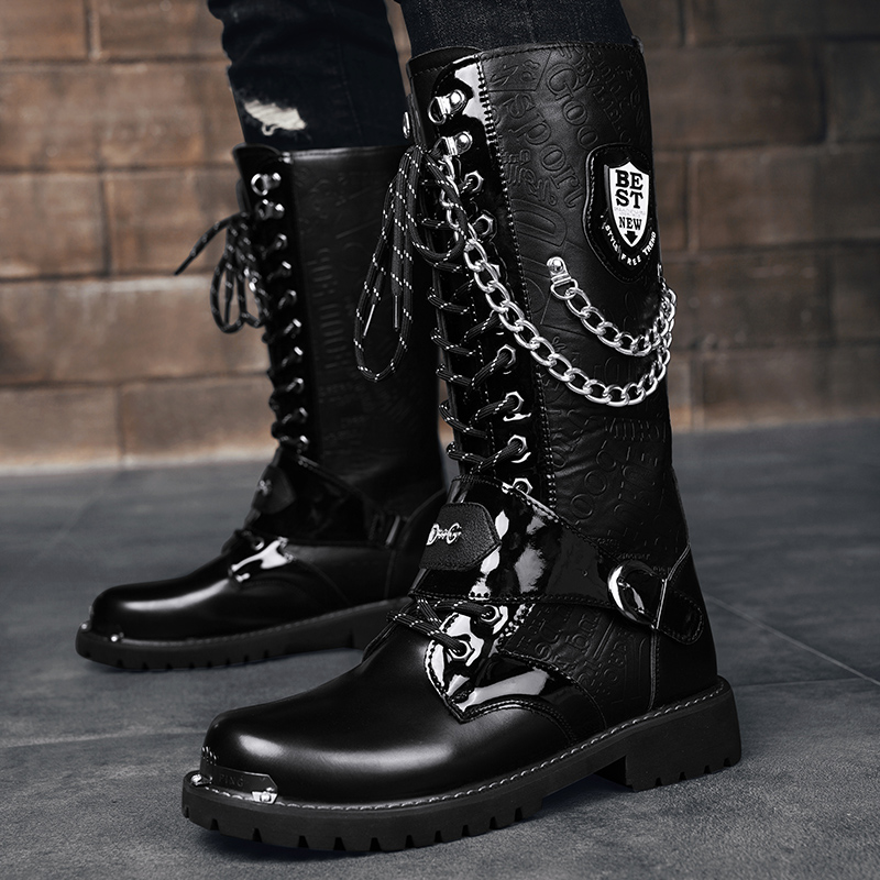 Motorcycle Chain - メンズ、ゆったりとしたサイズ、カジュアルなハイカットブーツ、春・秋の新モデル、アウトドア用、バイク用ブーツ、チェーンによる衝突防止機能付き、クロスカントリー用ブーツ。
