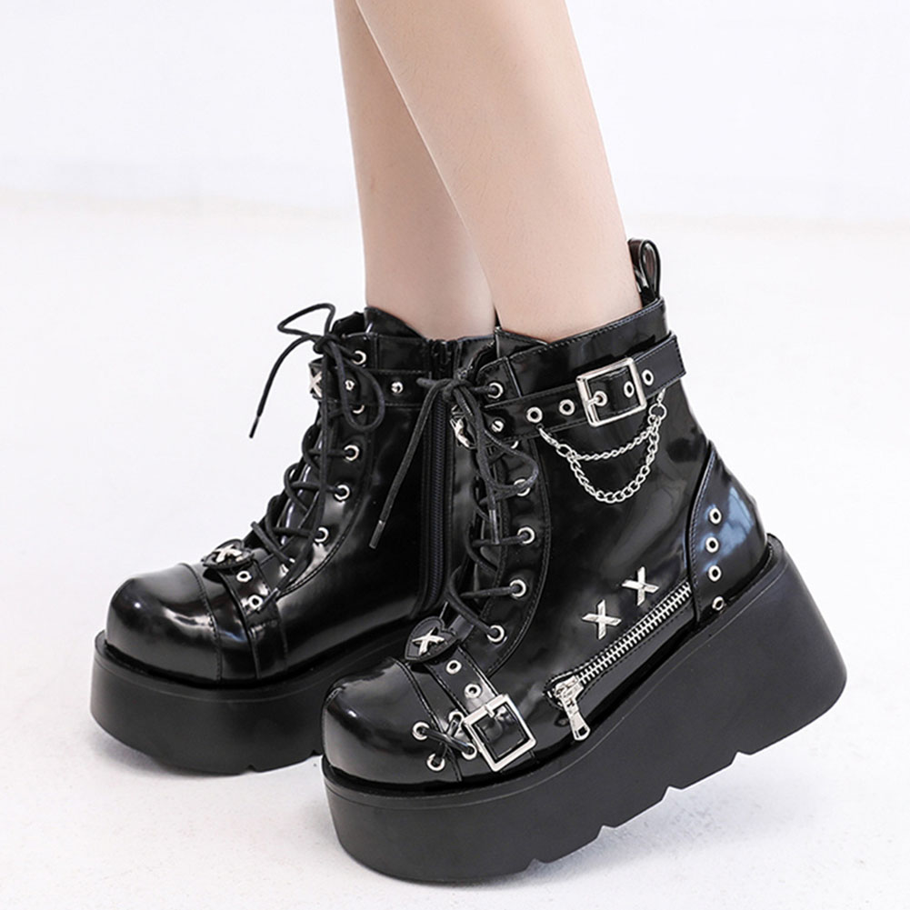 Motorcycle Chain - 新品レディースゴスプラットフォームアンクルブーツファッションバックルジップリベットパンクウェッジハイヒールレディースブーツパーティーストリート女性用シューズ